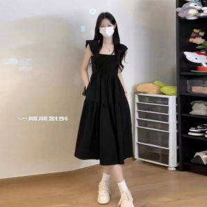 ชุดเดรสยาวปานกลางแขนกุดคอเหลี่ยมสีดำสไตล์ฝรั่งเศส กระโปรงทรงเอเข้ารูป ทรงเข้ารูป ฤดูร้อน ใหม่ แฟชั่นสตรี