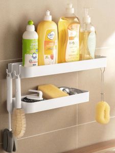 ชั้นวางของติดผนังสไตล์ญี่ปุ่น ชั้นวางของสำหรับห้องน้ำแบบไม่ต้องเจาะ ชั้นวางของสำหรับจัดระเบียบห้องน้ำแบบติดผนัง