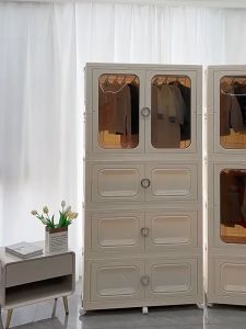 80CM 2 door Folding  Wardrobe Storage Cabinet Universal Wheel Transparent Plastic Wardrobe Cabinet Space Saver