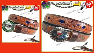 เข็มขัดหนังวัวแท้เย็บขอบลายดอกเหลื่ยมฉลุฟ้าซื้อ1ฟรี2 เข็มขัดหนังวัวแท้เย็บขอบ+หัวเข็มขัด แถมฟรีพวงกุญแจ เข็มขัดหนังวัวแท้เย็บขอบงานแฮปวี่ เข็มขัดหนังวัวแนวคาวบอย เข็มขัดงานวินเทจ ผลิตจากหนังวัว100% ถอดเปลี่ยนหัวเข็มขัดได้เจาะรูให้ Genuine leather belt