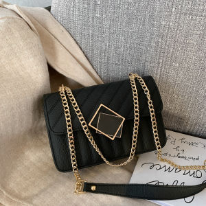 Chic Chain Strap Crossbody Bag Korean Style Soft PU Leather Single Shoulder Bag Casual Pure Color Lock Buckle Closure Small Square Bag
