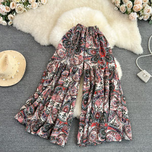 Bohemian Style Wide Leg Pants Flared Print Holiday Trousers for Women High Waist Korean Version Summer Fashion Casual Pants