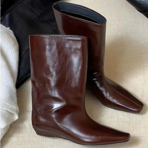 CAIZINI | Leather Retro Pointed Toe Slim Wide Shaft Mid-length Boots Wedge Heel