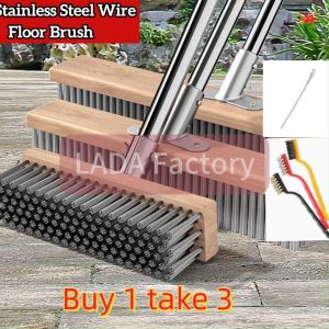 buy 1 take 3 Heavy Duty Stiff Metal Bristle Brush Stainless Steel Wire Scrub Brush with Long Handle for Deck Concrete Patio Moss Removalgift 3pcs small+Sewer brush
