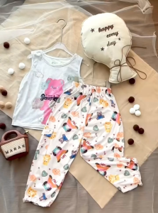 2-12 ปี ฤดูร้อน เด็กผู้หญิง ชุดแฟชั่นสไตล์เกาหลี เสื้อแขนกุด และกางเกงขายาว ขากว้าง