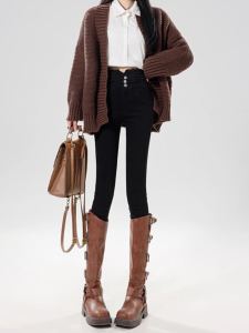 Fleece-lined Black Denim Skinny Pants Female 2024 New Arrival Fall and Winter High Waist Silm Ankle-Length Stretchy Slimming Pencil Pants