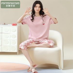 Fenteng Pure Cotton Womens Sleepwear Summer Thin Short Sleeve Seven-Foot Pants Luxury Home Clothes Sweet Style Floral Print