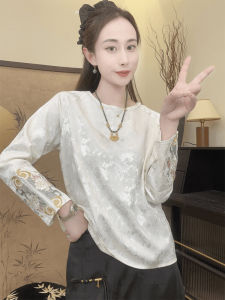 New Chinese Style Embroidered Floral round Neck Base Shirt Spring Autumn New Arrival Versatile Midlife Mommy Fashion