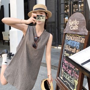 French Vintage Plaid Dress Womens Summer New Korean Style Small Sweet Salt System Age Reduction Vest Dress Loose Waist No Sleeve