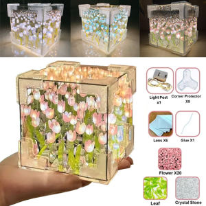 DIY Tulip Mirror Cube Lamp Simulation Flower Bedroom Sleeping Table Lamp Handmade Craft Tulips Mirror Night Light