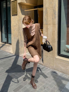 Caramel Suede Vest Dress Set Womens Spring Autumn Casual Style Two-Piece Suit V-Neck A-Line Skirt Polyester Fiber