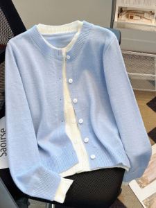 Soft Knitted Color Block Womens Open Cardigan Spring Autumn 2024 New Design Lightweight Long Sleeve round Neck Sweater Jacket