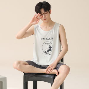 Miiow | Mens Summer Ice Silk Sleepwear Thin Sleeveless Vest Home Clothes Set Catman Sport Style Short Pants Round Neck Print Casual