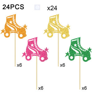 YOMDID 24Pcs Glitter Roller Skate Cupcake Toppers Polychrome Roller Skate Silhouette Cake Picks Sports Theme Cake Decorations