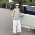 Elegant Silk-Linen Blend Two-Piece Set Women's V-Neck Flared Sleeveless Top and Wide Leg Crop Pants. 