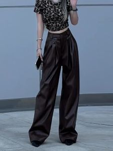 Caramel Folded PU Leather Pants Womens Loose High Waist Drape Straight Casual Long Trousers Fall New Style Commute Korean Style