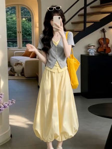 LIRUSHAN | Yellow Bud Style Long Dress with Short Sleeves Youthful Petite Fit Summer
