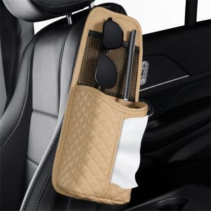 Car Seat Side Tissue Box Storage Bag Multi-Functional Vehicle Interior Cup Holder Net Pocket Leather Material Hanging Placement