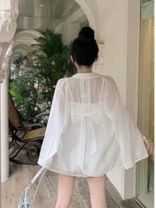 WANGGONGZHU | Princess Style Summer Thin Chiffon Womens Sun Protection Clothing White Outerwear Cardigan Design Sense Korean Loose Fit Long Sleeve