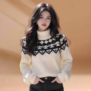 Korean Style Academic Sweater Womens Slim Fit Long Sleeve High Collar Knitted Sweater Sweet And Salty Christmas Color Block Ladies Knitwear