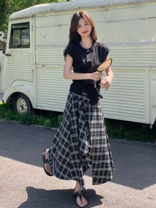 YINLUOYA | Summer New Style Womens Outfit Skirt Set French Sleeveless Vest Irregular Long Skirt Short Sleeve Round Neck Other Material
