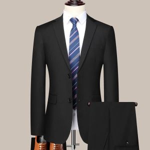 S-8XL New (Blazer+ Pants) Mens Fashion Business Gentleman Trend Slim-fit Casual Wedding Travel Plus-size Solid Color Suit