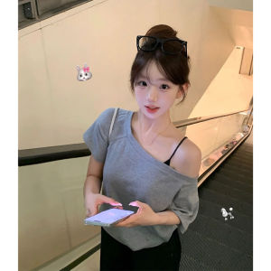YUEZHONGWEI | Gray Asymmetrical Shoulder Short Sleeve T-Shirt Womens Summer Design Unique Loose Fit Open Shoulder Top Korean Style Commute
