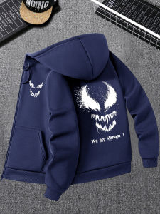 Mens White Zipper Hoodie with Venom Print on The Front and Black Symbiotic Character Design on The BackMarvel Casual Sportswear