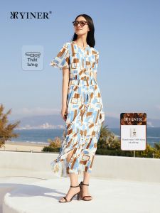 YINER | Summer Fashion Half Open Neck Geometric Print Silk-Blended Dress