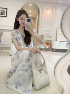 Blue Floral Water-Media Print Halter Dress Elegant High-Waisted A-Line Summer Polyester Short-Sleeve Gown for Women