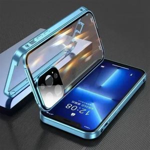 360 ° Ốp Lưng iPhone Chống Sốc Kính Cường Lực Hai Mặt Khóa Từ Tính Viền Kim Loại Trong Suốt Kèm Ống Kính Chụp Ảnh Ngoài Cho Pro Max 17E 16E 17 16 15 14 13 12 11 18 Pro Max Plus
