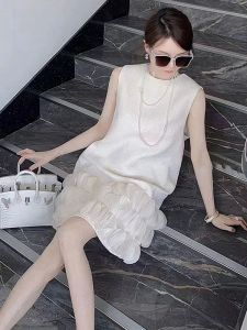 Elegant White Sleeveless Flower Bud Base Dress Womens High-End Summer New Arrival Straight Cut Commute Style Polyester Blend