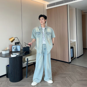 American Retro Three-Bar Design Shoulder Pad Mens Denim Set Shirt And Long Pants Two-Piece Suit Cotton Polyester Blend Youth Fashion