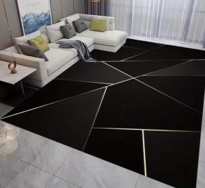 Floral Pattern Dot Plastic Process on Backside. Golden Area Rug Style with Golden Lines on Black Background Large Area Rug