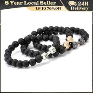 High Quality Men Beaded Bracelet Natural Black Lava Stone Dumbbell Charm Bracelets Energy Fitness Barbell Fashion Women Jewelry