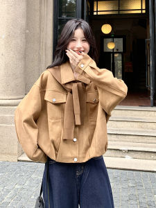 Retro Brown Suede Short Jacket Womens Casual Lapel Design Autumn 2025 Korean Style Top Ladies Fashion Polyester Fabric