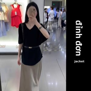 YUEZHONGWEI | Áo thun dệt kim tay ngắn màu trắng cổ chữ V lụa băng mùa hè dáng rộng eo lưng cao thời trang thường ngày cho nữ