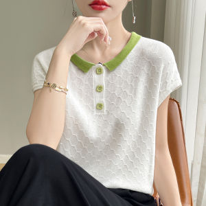 French Style Knitted Short Sleeve Polo Shirt Slim Fit T-Shirt Half Sleeve Lyocell Beautiful Top Shoulder Width Regular Length