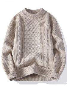 ROMON | Romon Mens Knitted Sweater Thickened Loose Fit Round Neck Pure Color Winter Casual Wear Comfortable Warm Long Sleeve Top