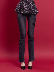 Slimming Fashionable High Waist Elastic Pink Mary 2024 New Style Beaded Long Pants Womens Jeans Cotton Stretch Denim