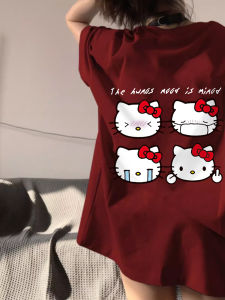 Hellokitty Short Sleeve Womens Summer Red T-shirt Pure Cotton Loose Fit Cute Top Korean Style round Neck Casual Tee