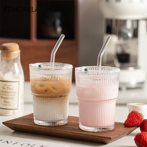 1/2PCS 450ml Stripe Pattern Transparent Glass Cup with Lid And Straw for Ice Coffee Tea Juice Milk Water Drinking