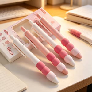 Cute Pink Cartoon Girl Gel Pen Set 4pcs 0.5mm ST Tip Quick-Dry Black Pens for Students
