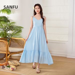 SANFU | Summer Vacation Style Dress Waist Cinched V-neck Strap Dress