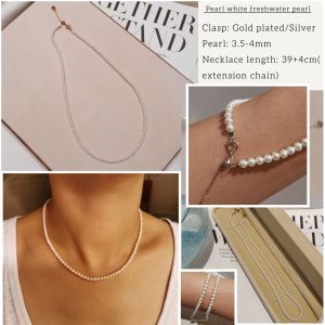 DaVee | 3-5mm High grade natural fresh water pearl necklace 925 silver clasp gold plated Akoya bright white pearl necklace