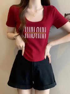 plus Size Red French U-Neck Short Sleeve T-Shirt Women Summer New Style Slimming Base Layer Shoulder Appropriate Top