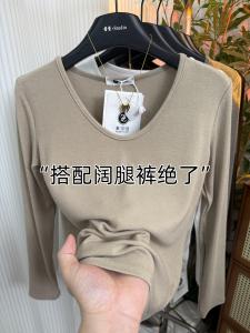 High Quality European Style V-Neck Long Sleeve Womens T-Shirt Casual Versatile Solid Color plus Size Slimming Top Trendy