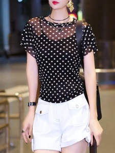 QINGNAER | Fashionable Polka Dot Round Neck T-shirt Summer