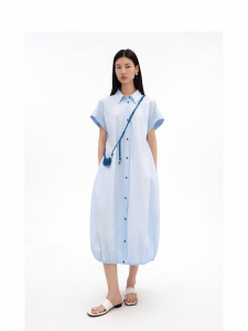 Cotton Classic Turn-down Collar Dress Women Casual Work Wear Floral Hem Long Dress