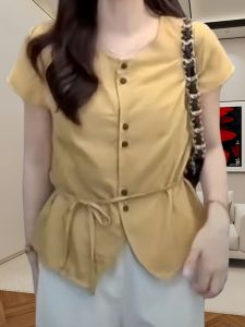 Summer Womens Shirt round Neck Double Button Design Pure Color Short Sleeve Top Korean Style Commute Fashion Slim Fit T-shirt